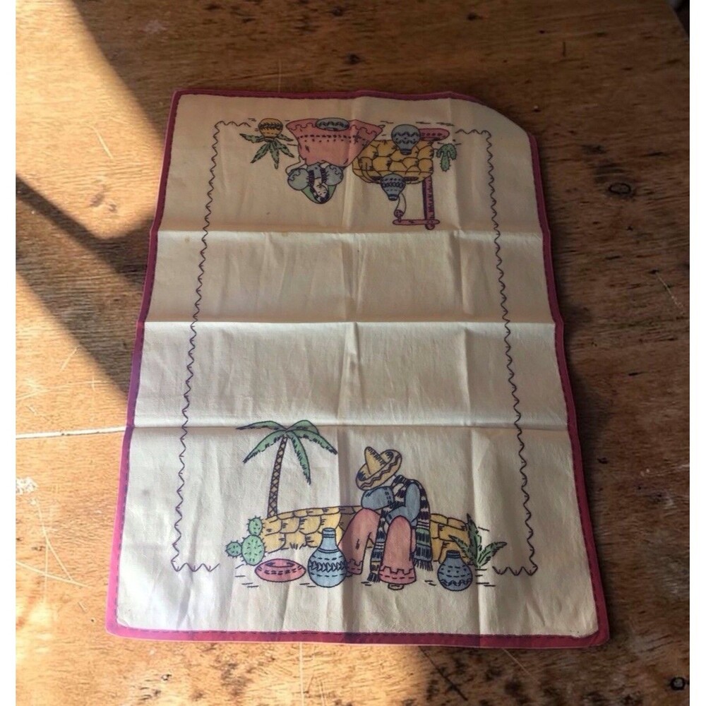 Vintage Mexican-themed embroidered textile Linen Table/Dresser Cloth